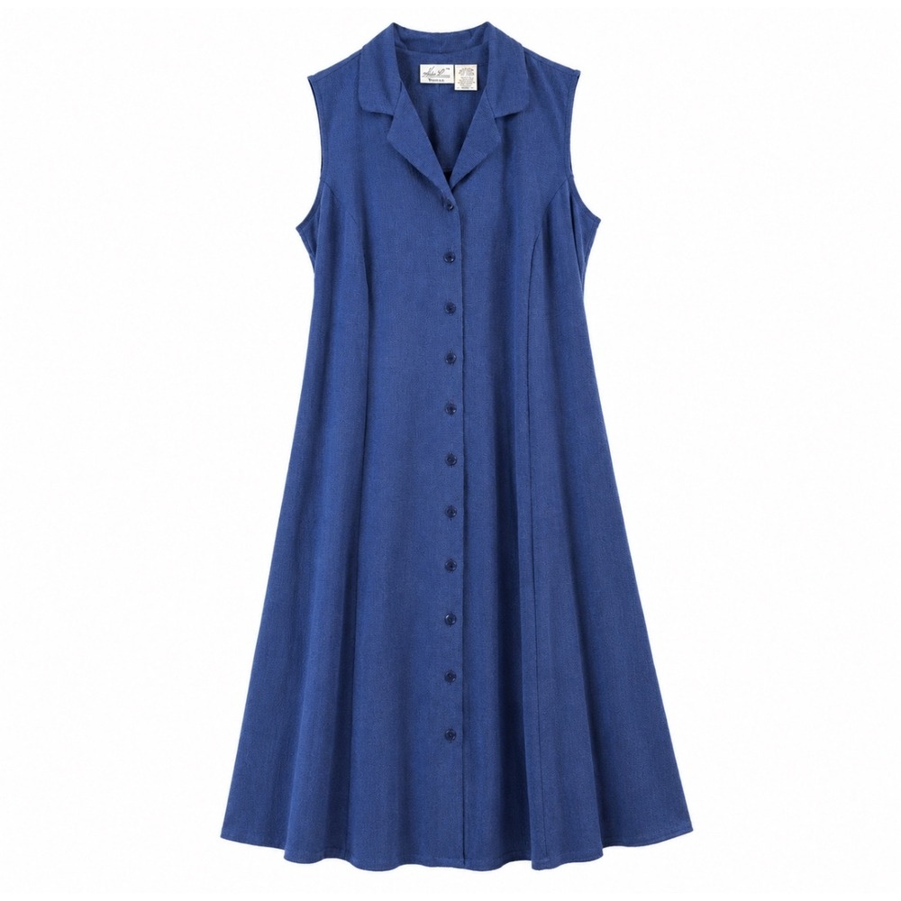 VTG Blue Sleeveless Button Front Midi Dress Womens 22W Tie Back Collared Dress